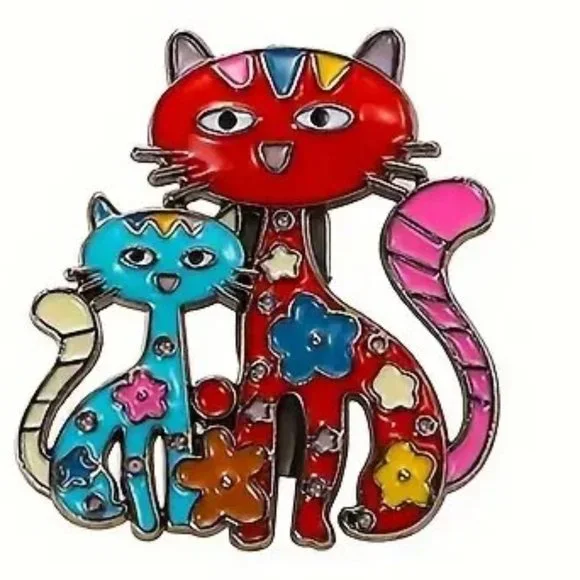 Cat Brooch Fun Enamel Pin Stylish Kitty Whimsical Flowers Vibrant Colorful - Picture 2 of 3